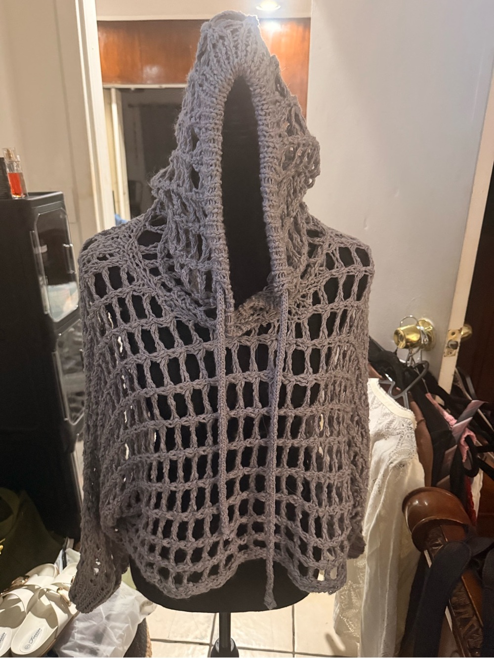 SHEIN Gray Open-Knit Hooded Poncho